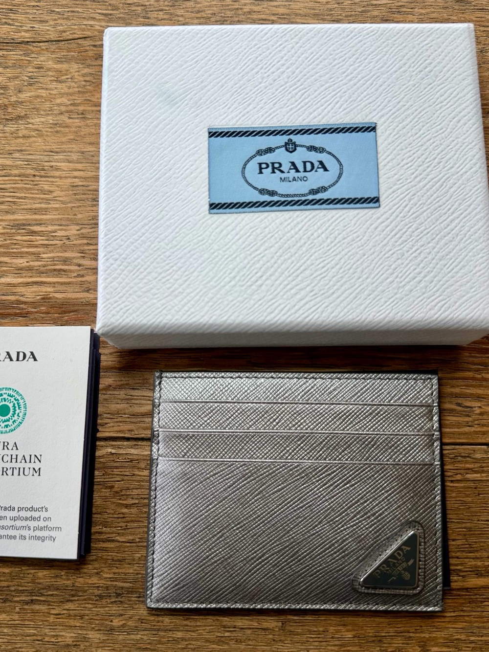 Prada Metallic Silver Saffiano Leather Card Case - Picture 6 of 7